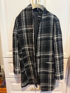 Express Women’s Black & White Plaid Pea Coat